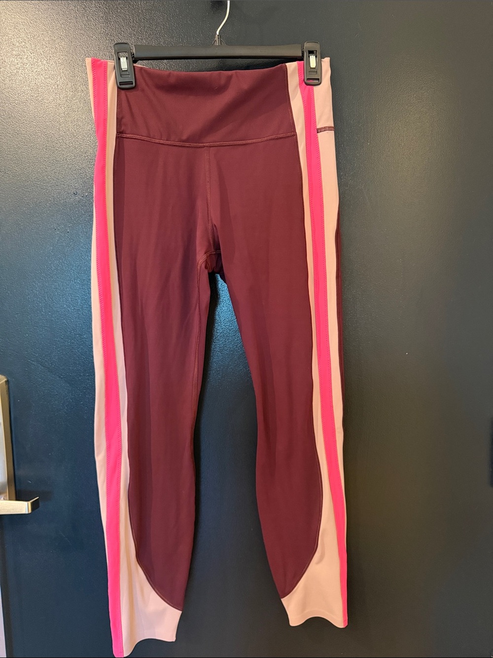 Athleta Maroon with Pink and Light Pink Side Stripes Crunch 7/8 Leggings